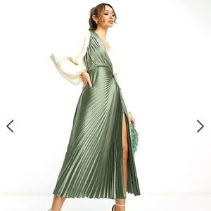 ASOS DESIGN pleated satin wrap button detail midi dress in khaki and cream